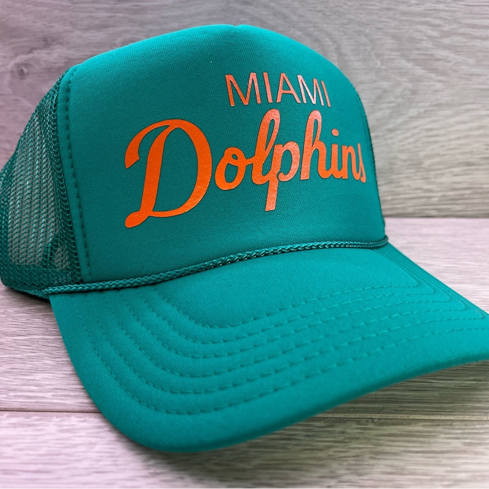 NEW VINTAGE STYLE SPORTS SCRIPT MIAMI DOLPHINS AQUA TRUCKER HAT CAP ADULT S…